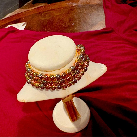 3 Piece Titanium Gold, White Gold & Rose Gold Matte Round Balls Bead Bracelet - Picture 5 of 5